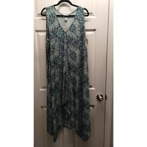 Catherines Size 22/24W (2X) Green Blue Boho Mosaic Floral Sleeveless Midi Dress